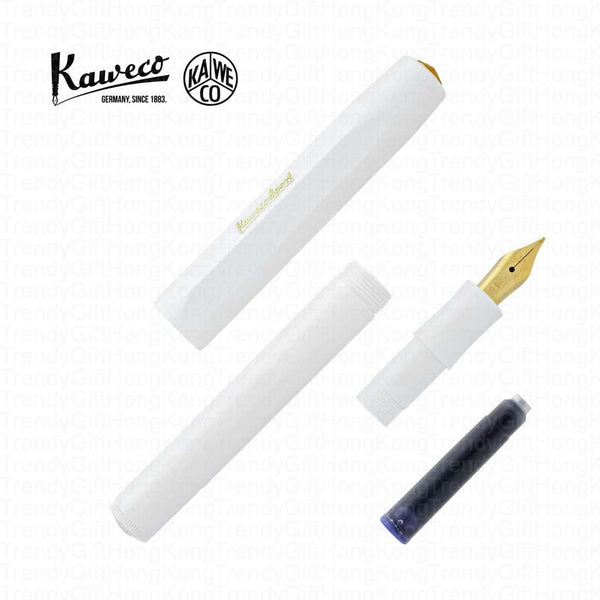 White Kaweco Classic Sport pen parts arranged apart with a nib section and ink cartridge.