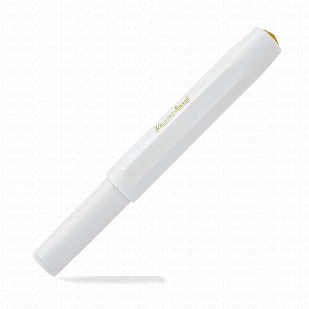 Angled side view of the capped white Kaweco Classic Sport fountain pen.