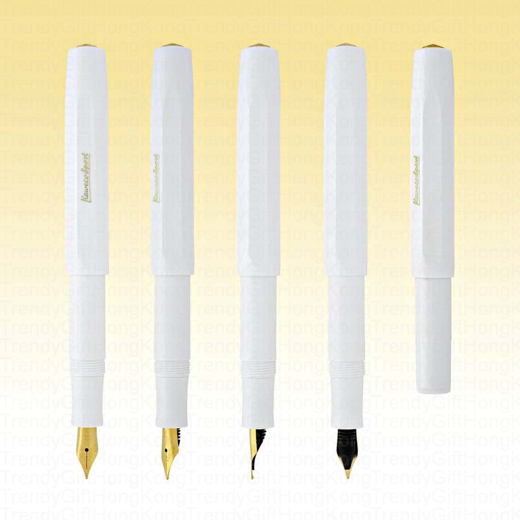 Graphic showing several white Kaweco Classic Sport pen and nib assemblies, plus a capped pen.