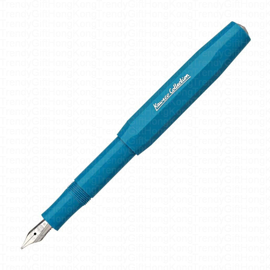Close view of the cyan Kaweco Collection Sport fountain pen with its silver-tone nib.