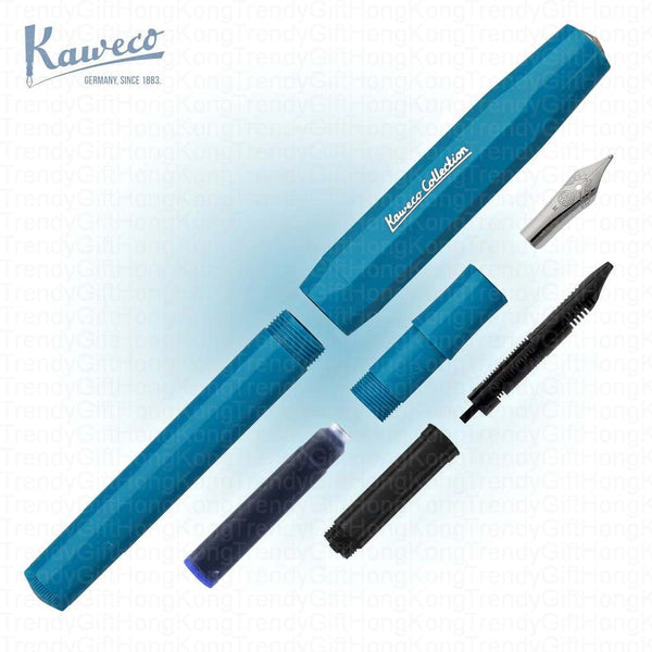 Cyan Kaweco Collection Sport pen parts arranged apart, including cap, barrel, nib section and cartridge.
