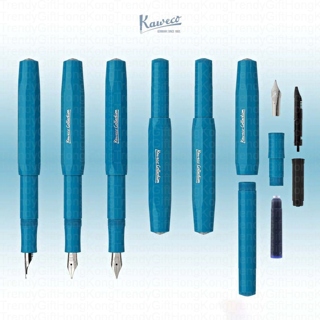 Graphic showing several cyan Kaweco Collection Sport pen and nib assemblies, with a cartridge.