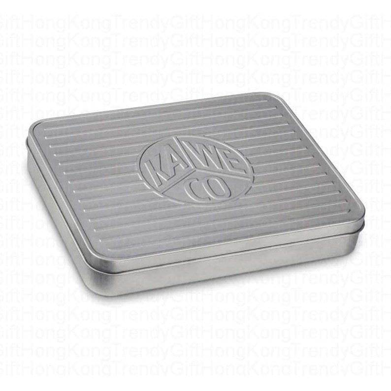 Closed silver Kaweco tin with embossed logo and ridged lid