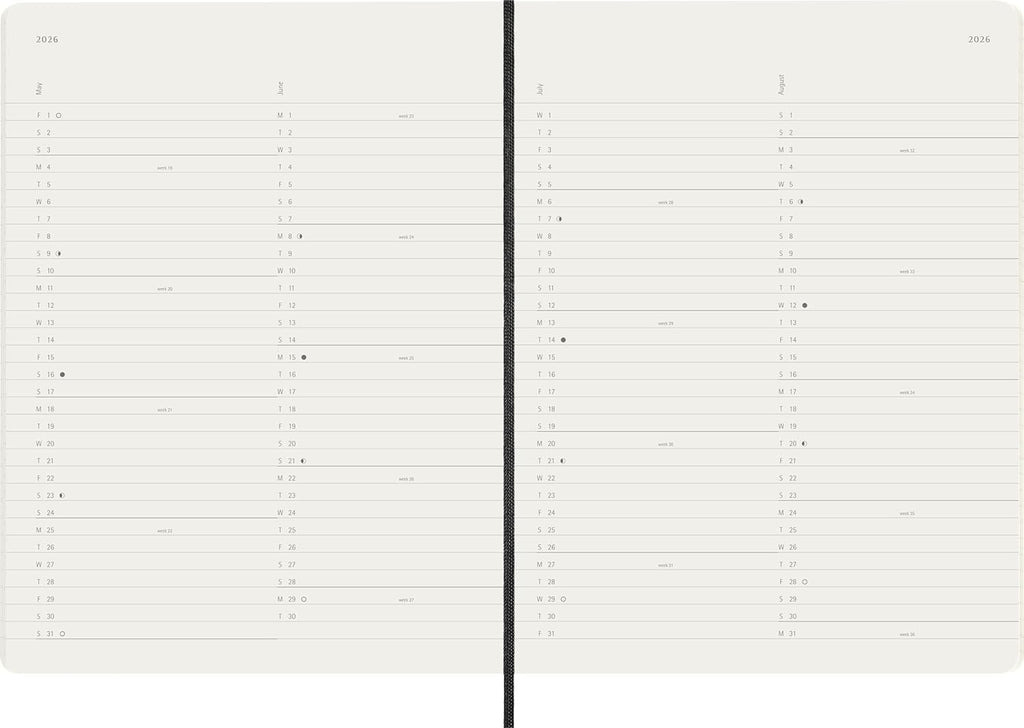 Moleskine planner with twelve monthly two-page layouts