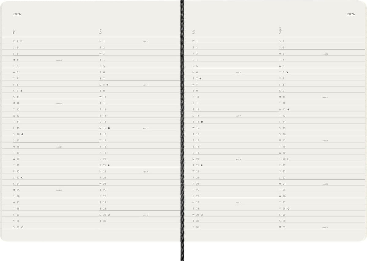Moleskine planner with twelve monthly two-page layouts