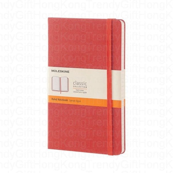 Red ruled Moleskine Classic notebook with orange product band