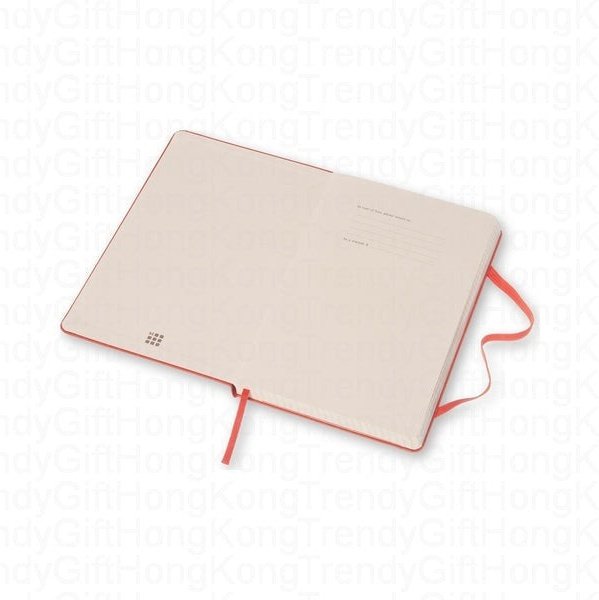 Pale rear cover of the red Moleskine notebook with red ribbon marker
