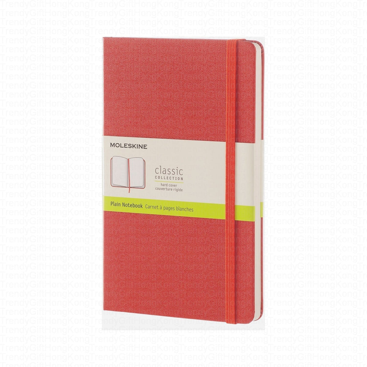 Red plain-page Moleskine Classic notebook with green-accented paper band