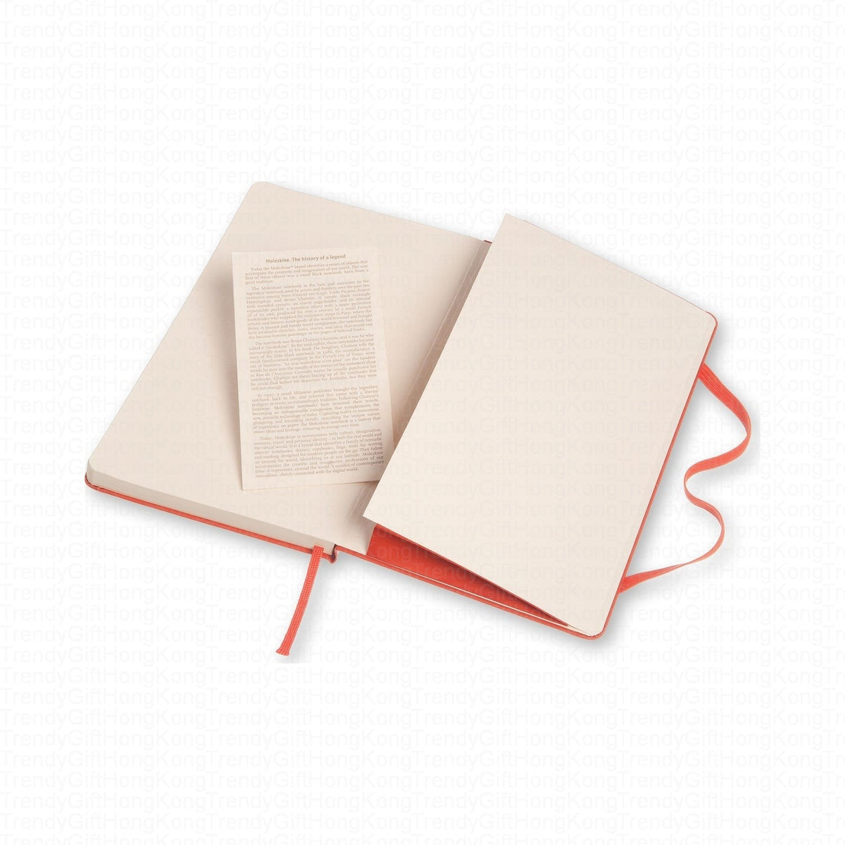 Red Moleskine notebook opened beside a printed information leaflet