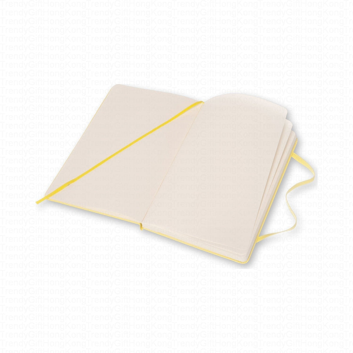 Open yellow Moleskine notebook with ruled pages and yellow elastic