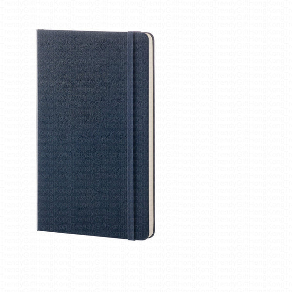 Front cover of the navy Moleskine Classic notebook with elastic