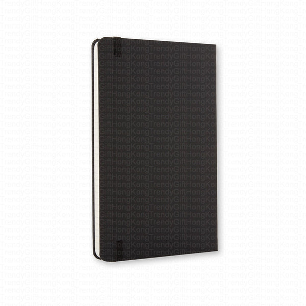 Back of the black Moleskine notebook with elastic near the left edge