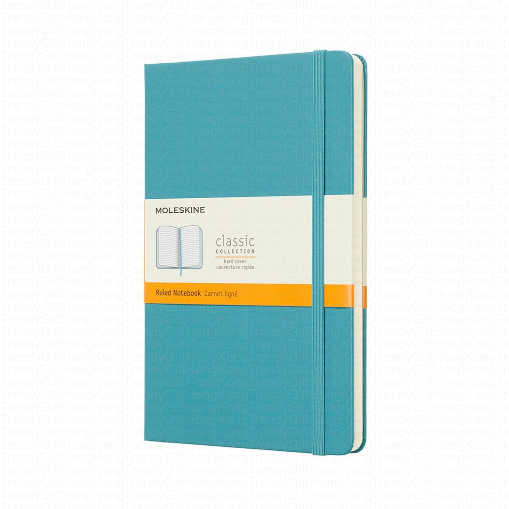 Turquoise ruled Moleskine Classic notebook with orange product band