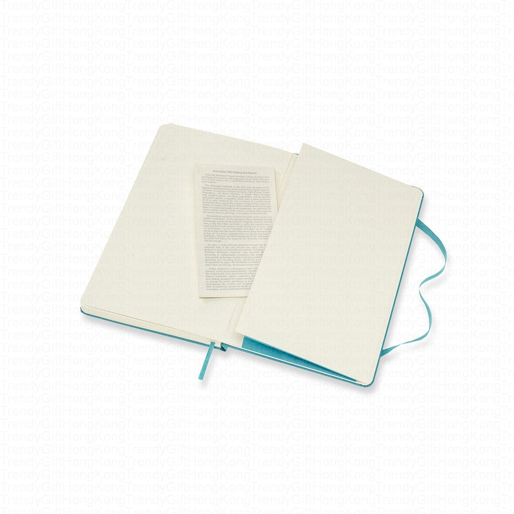 Turquoise Moleskine notebook opened beside a printed information leaflet