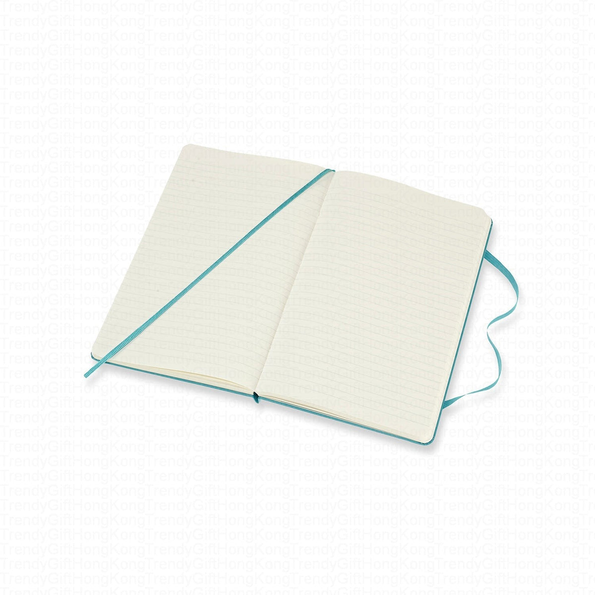 Open turquoise Moleskine notebook with ruled pages and matching elastic
