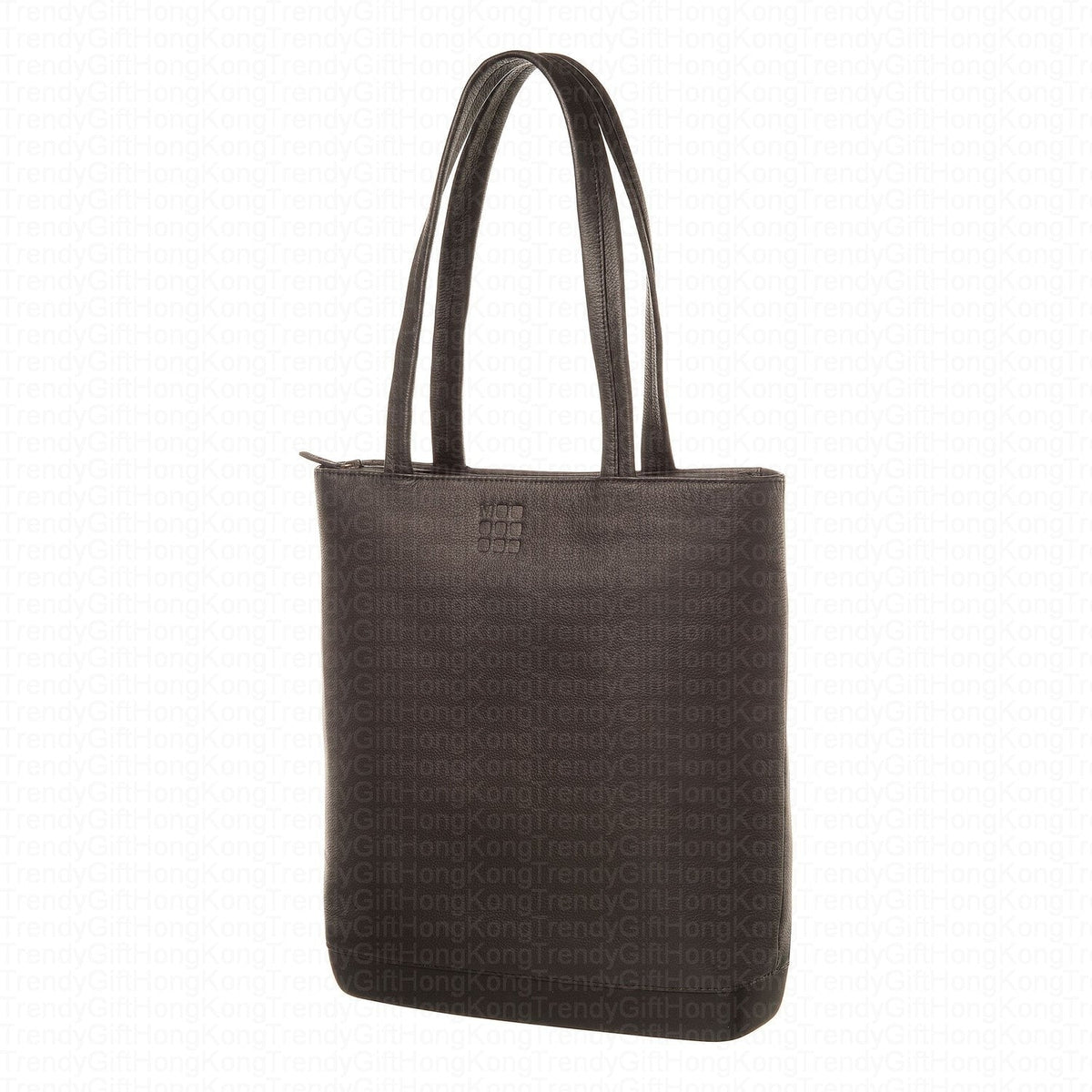 Front view of the black pebbled leather Moleskine tote bag