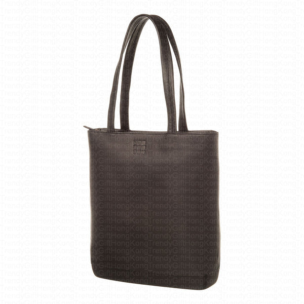 Front view of the black pebbled leather Moleskine tote bag