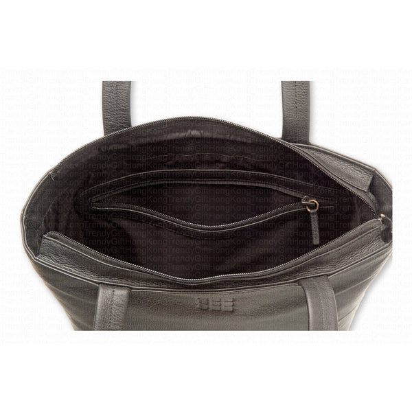 Interior of the black tote bag showing its lining and inner compartment
