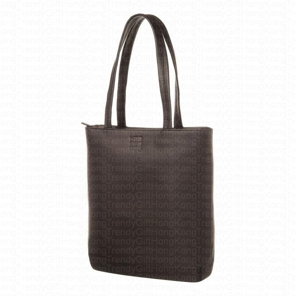 Front view of the black Moleskine leather tote with two shoulder straps