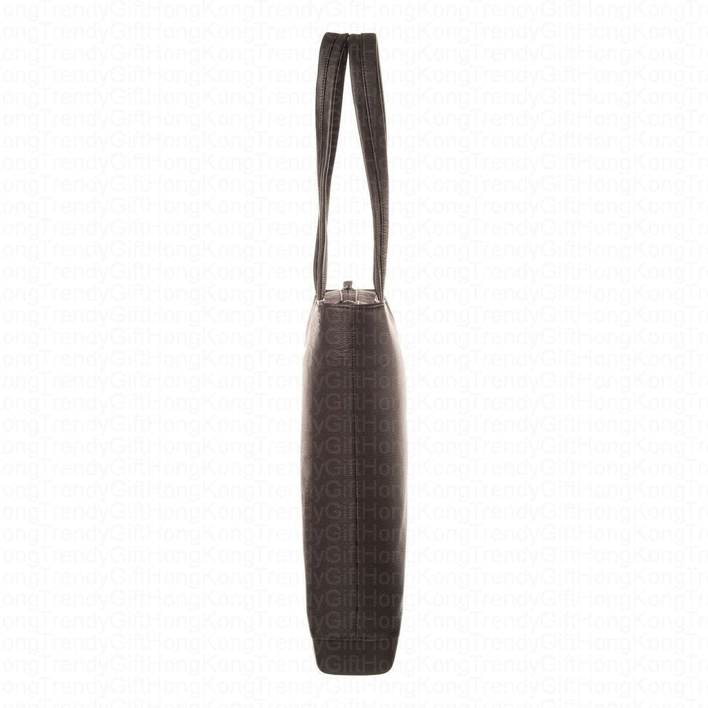 Side profile of the black leather tote bag showing its depth and straps