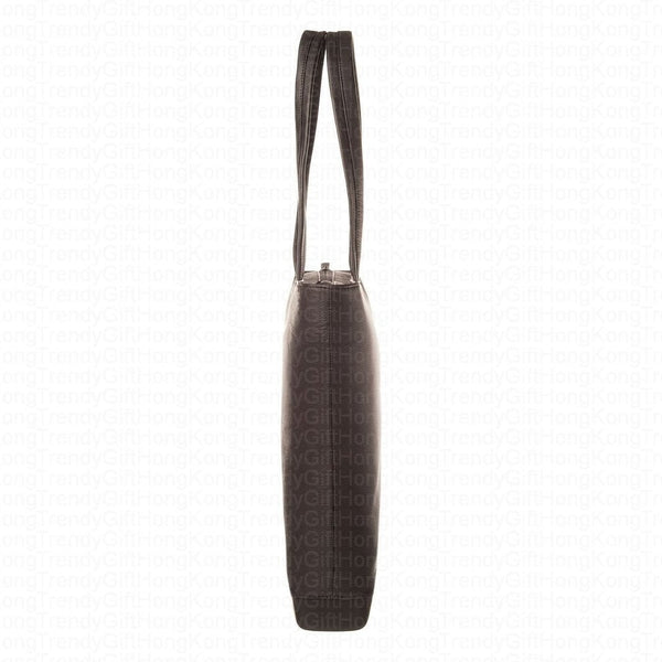Side profile of the black leather tote bag showing its depth and straps