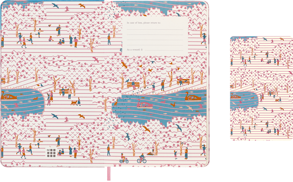 Moleskine Sakura limited-edition notebook shown with its continuous cherry-blossom park illustration across the cover and back.