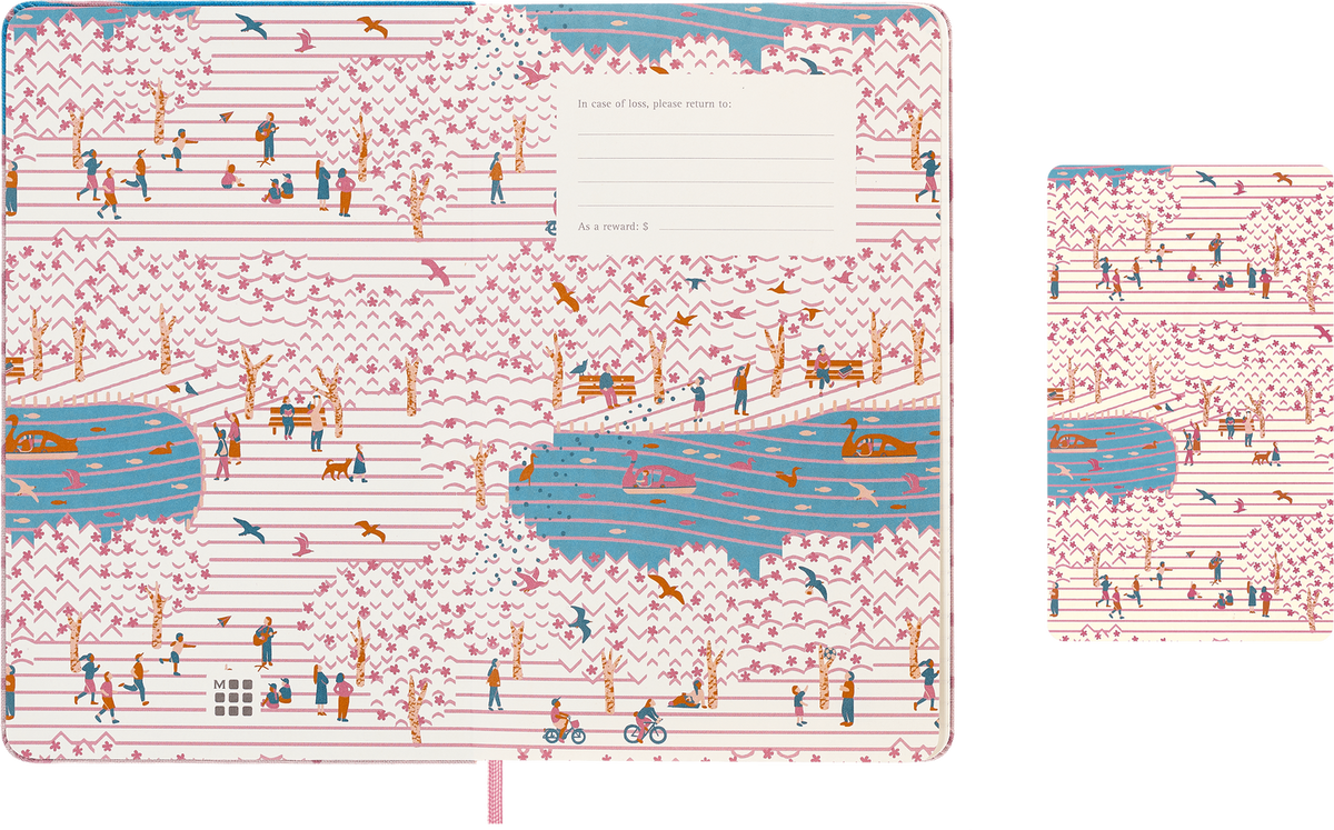 Moleskine Sakura limited-edition notebook shown with its continuous cherry-blossom park illustration across the cover and back.
