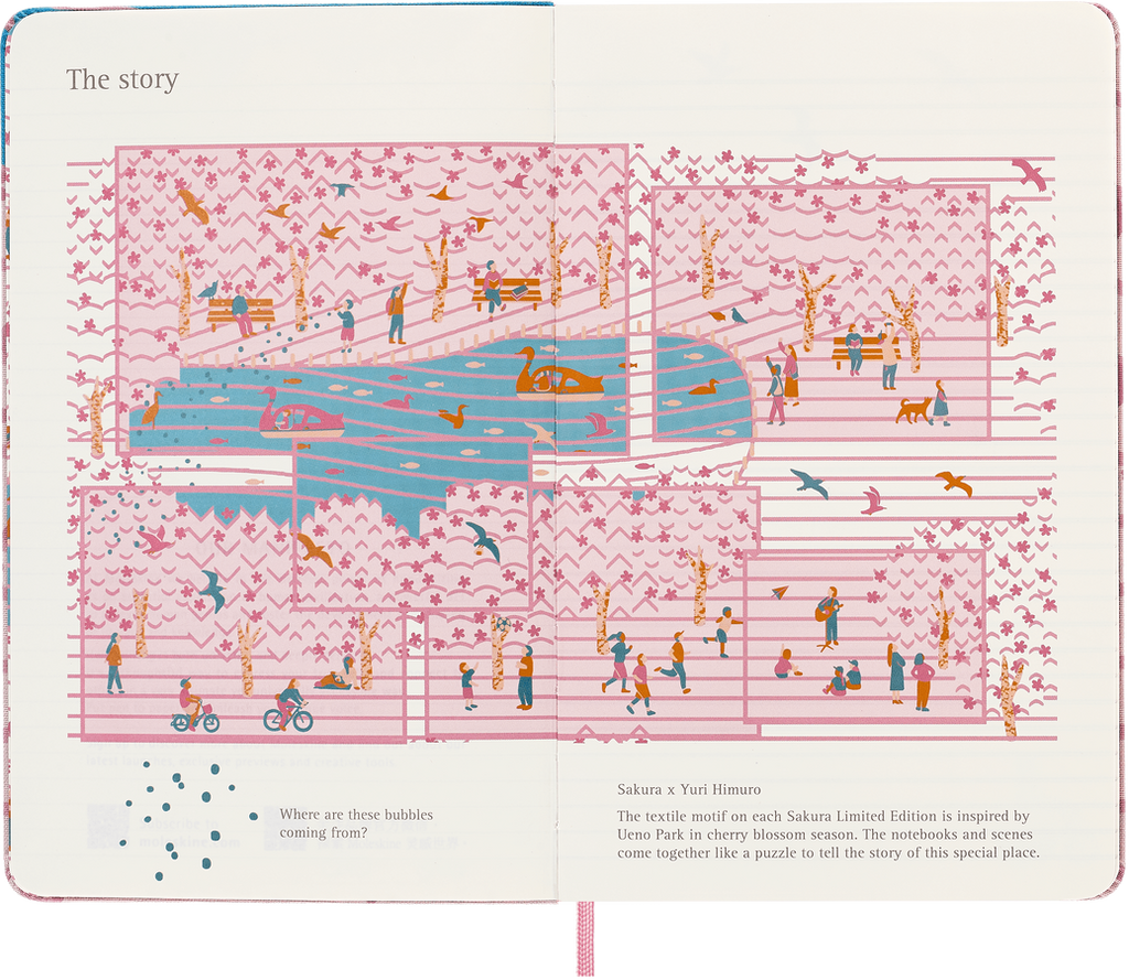 Open Moleskine Sakura story card showing the Ueno Park-inspired design by Yuri Himuro.