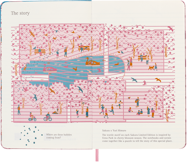 Open Moleskine Sakura story card showing the Ueno Park-inspired design by Yuri Himuro.