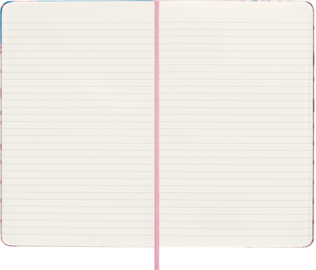 Open Moleskine Sakura notebook showing ivory ruled pages and a pink ribbon bookmark.