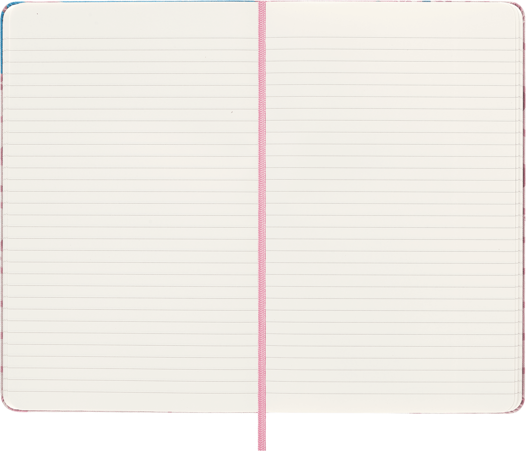 Open Moleskine Sakura notebook showing ivory ruled pages and a pink ribbon bookmark.
