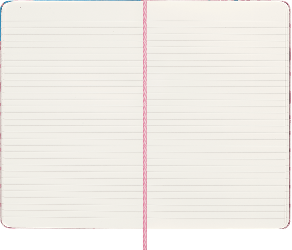 Open Moleskine Sakura notebook showing ivory ruled pages and a pink ribbon bookmark.