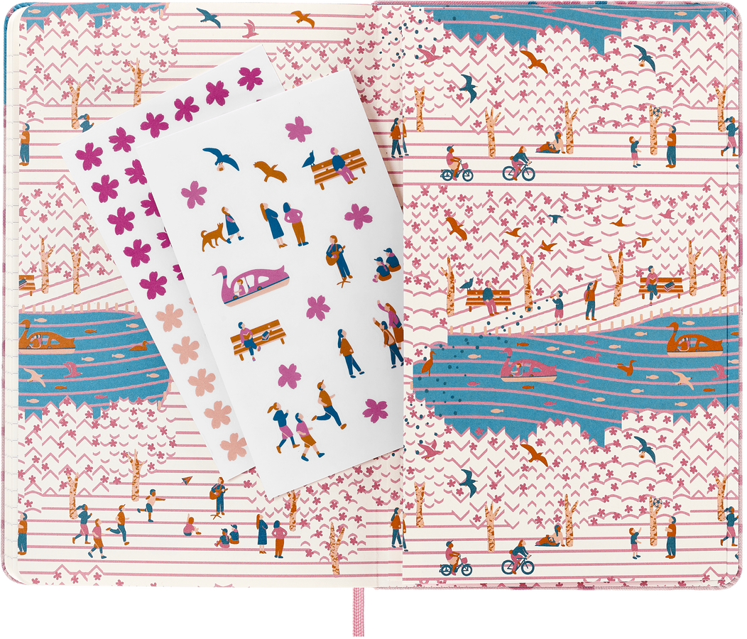 Moleskine Sakura notebook with the included floral-themed sticker sheet and matching illustrated cover.