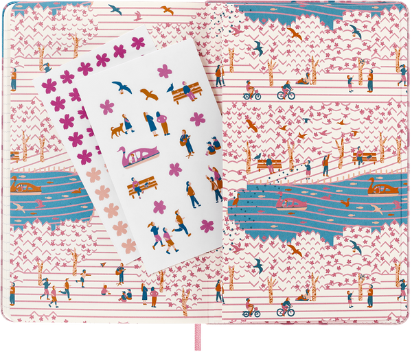 Moleskine Sakura notebook with the included floral-themed sticker sheet and matching illustrated cover.