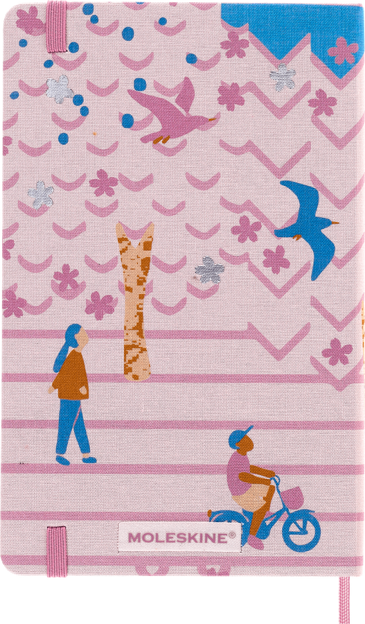 Close-up of the Moleskine Sakura fabric cover with cherry blossoms, a blue bird, cyclist, pink elastic and ribbon.