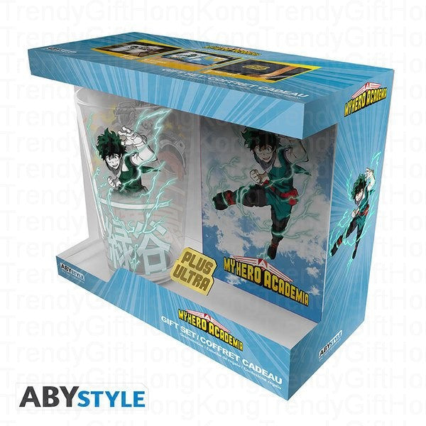 My Hero Academia gift pack with glass, metal pin and A6 notebook