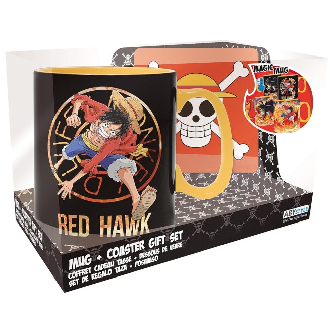 One Piece Luffy and Sabo heat-change mug and Straw Hat Jolly Roger coaster set.