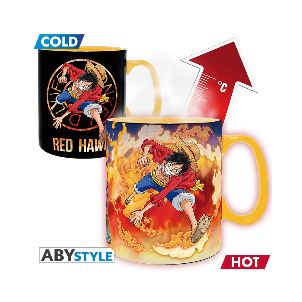 One Piece Luffy and Sabo heat-change mug and Straw Hat Jolly Roger coaster set.