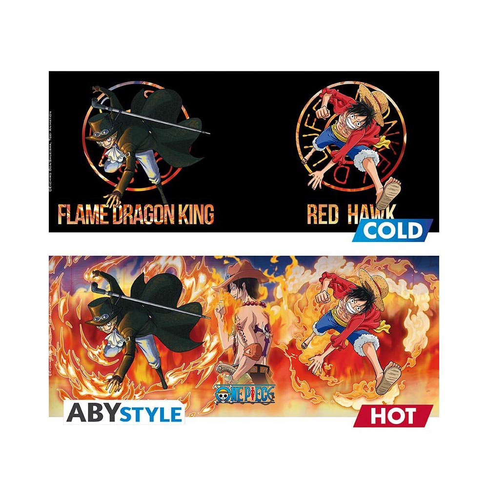 One Piece Luffy and Sabo heat-change mug and Straw Hat Jolly Roger coaster set.