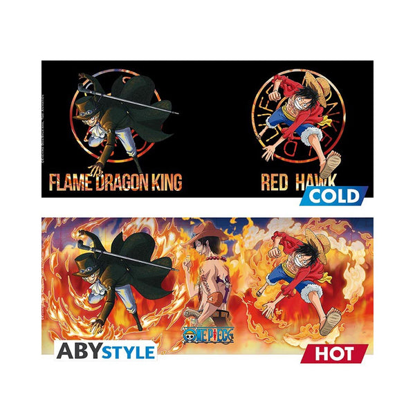 One Piece Luffy and Sabo heat-change mug and Straw Hat Jolly Roger coaster set.