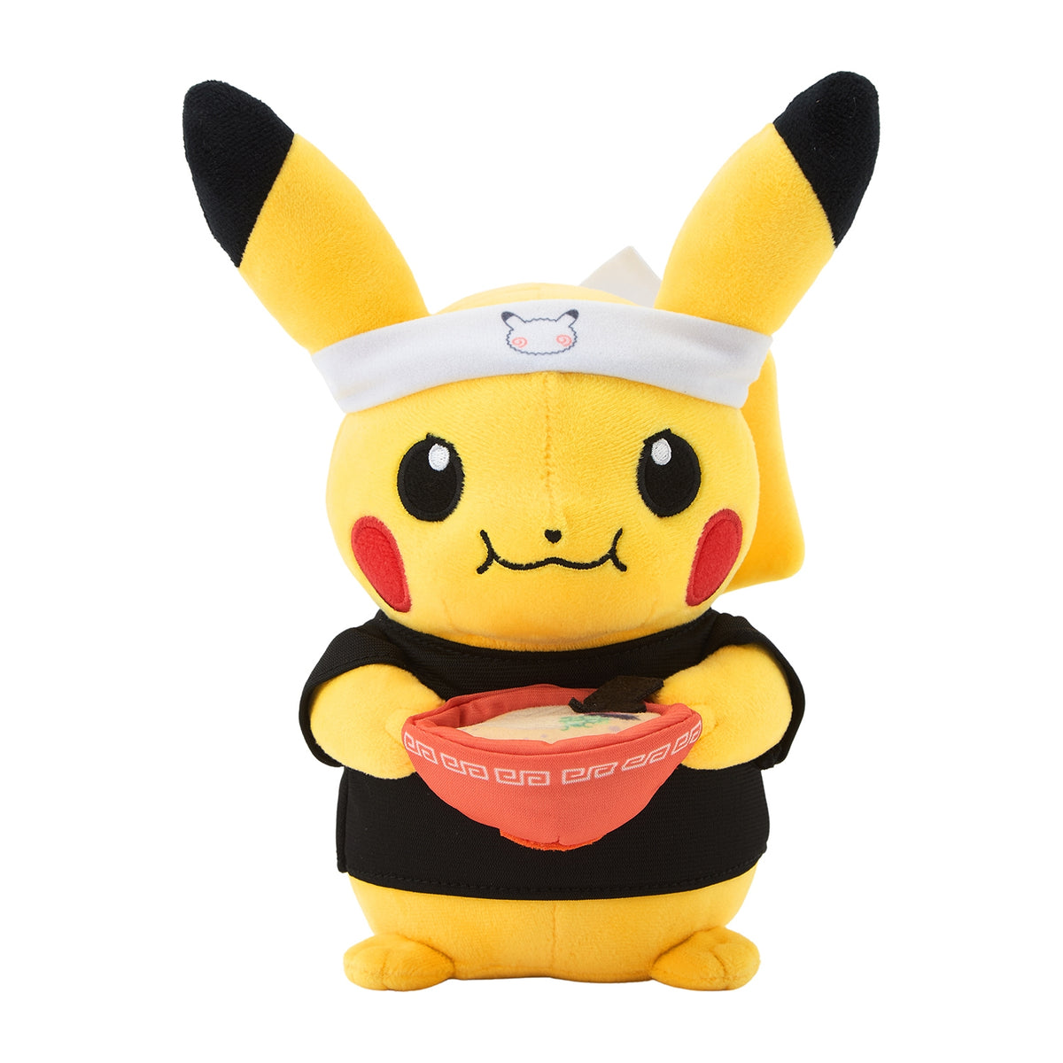 Pokémon Center Fukuoka R Pikachu plush dressed as a ramen shop owner.