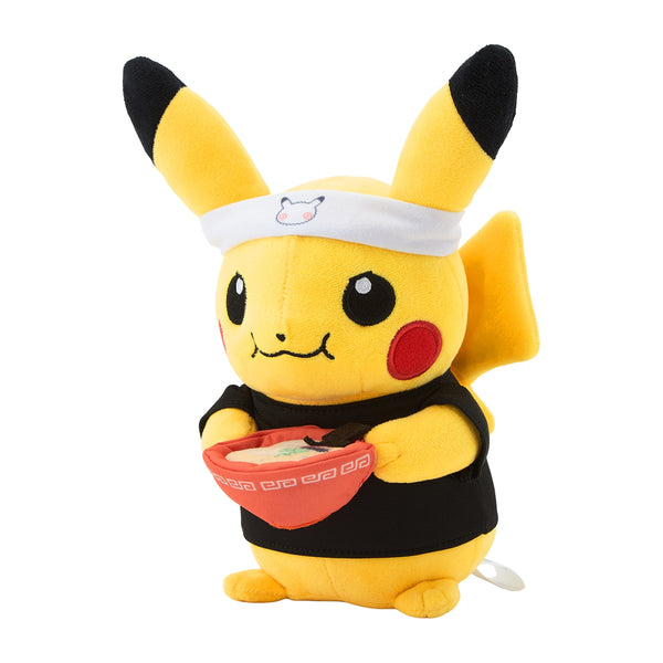 Pokémon Center Fukuoka R Pikachu plush dressed as a ramen shop owner.