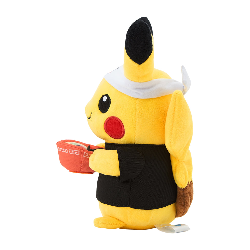 Pokémon Center Fukuoka R Pikachu plush dressed as a ramen shop owner.