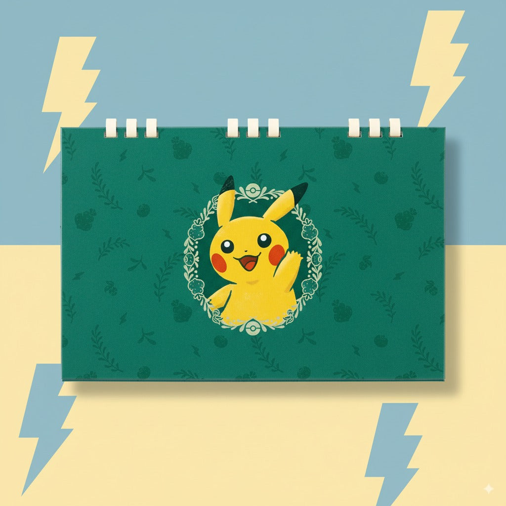 Pokémon Pikachu desktop card file with three pockets, holds up to 42 cards.