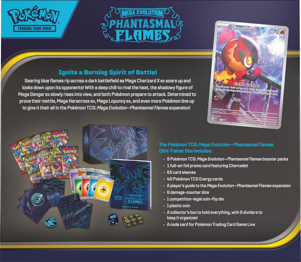 Pokémon TCG Mega Evolution Phantasmal Flames Elite Trainer Box with 9 booster packs.
