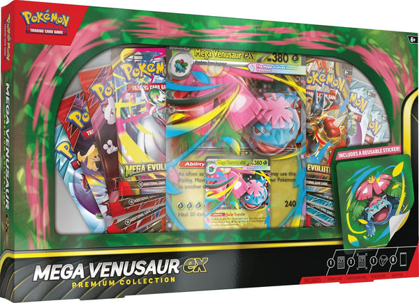 Pokémon Mega Venusaur ex Premium Collection Box with foil promo cards and eight booster packs