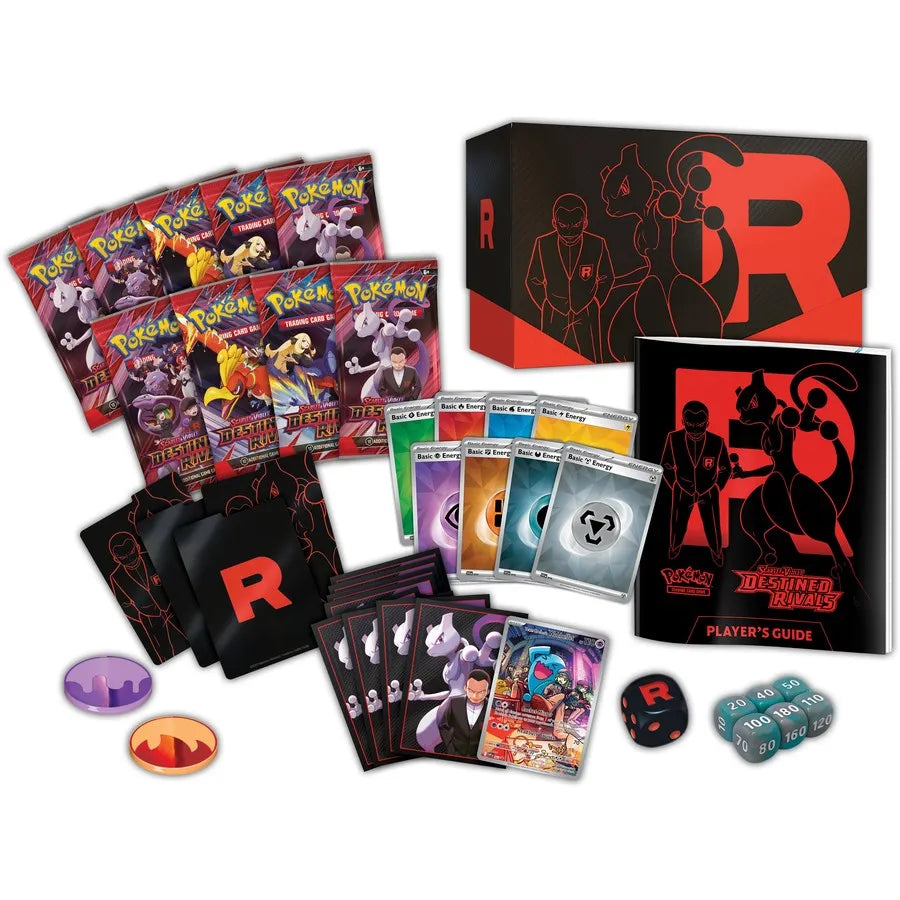 Pokémon Scarlet & Violet Destined Rivals Elite Trainer Box contents, including 9 booster packs.