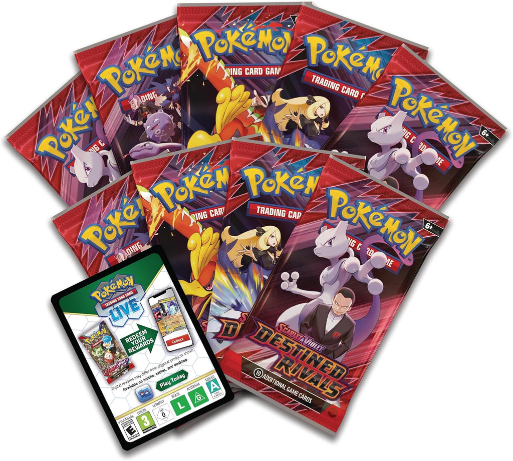 Pokémon Scarlet & Violet Destined Rivals Elite Trainer Box contents, including 9 booster packs.