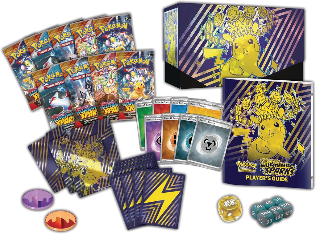 Pokémon Surging Sparks Elite Trainer Box with dice and condition markers