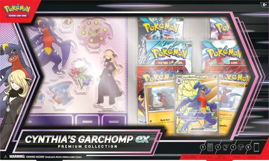 Pokémon TCG Cynthia’s Garchomp ex Premium Collection with promo cards, acrylic standees and booster packs